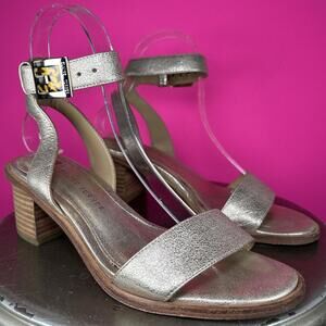 Elaine Turner Metallic Gold Leather Open Toe Ankle Strap Block Heel Sandal US 7